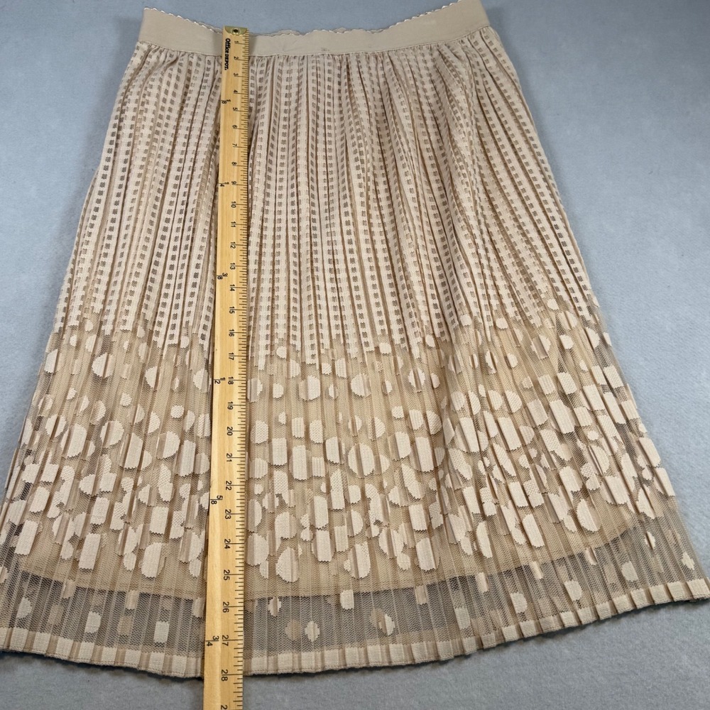 Metro Wear Beige Pleated Midi Skirt Mesh Overlay Polka Dot Geometric Tan Large